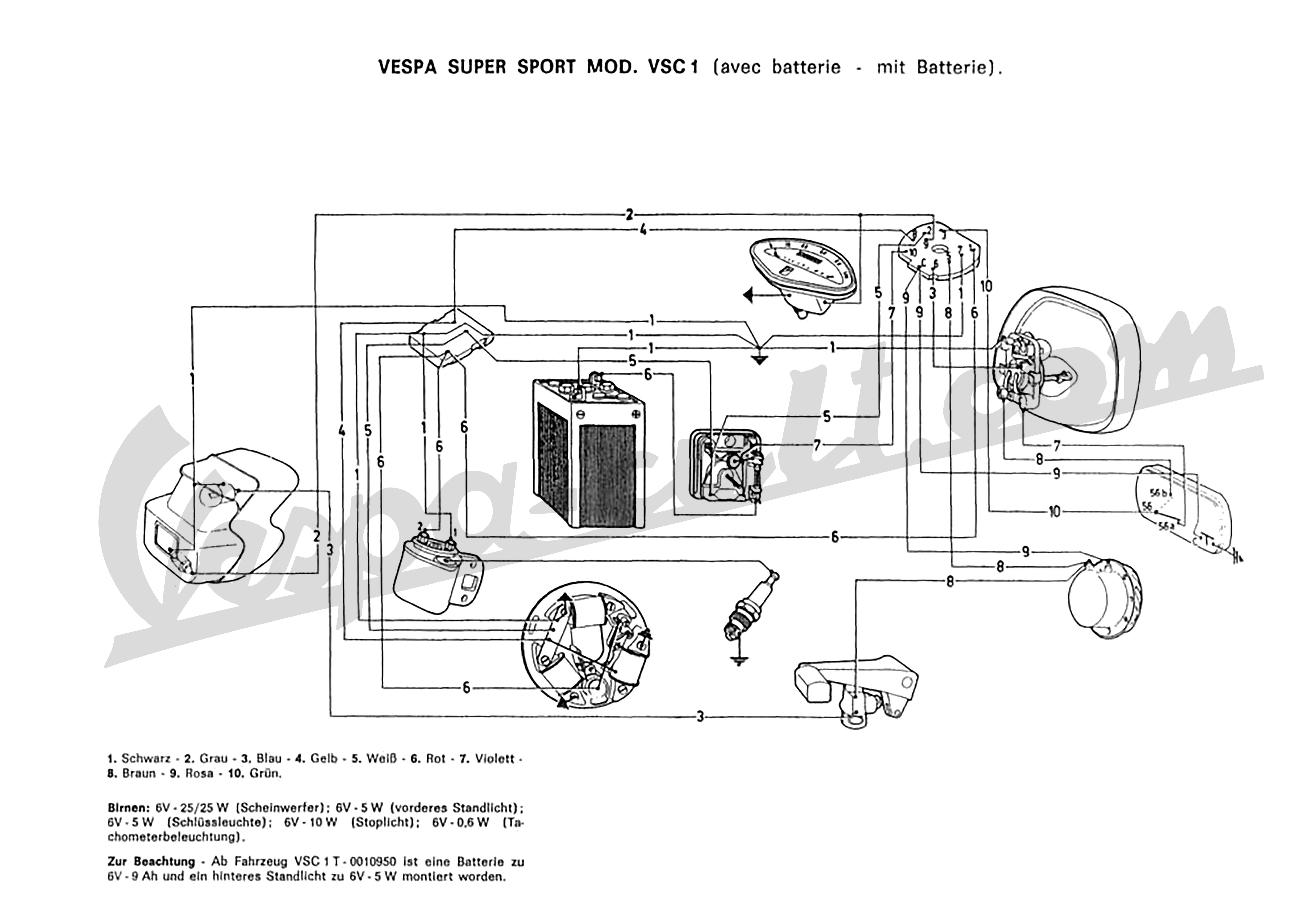Schaltplan Vespa 180 SS VSC1T mit Batterie